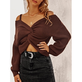 Women ZAFUL Twisted Cold Shoulder Jumper Sweater M Sepia