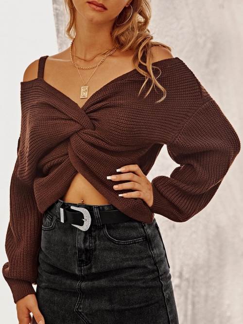 Women ZAFUL Twisted Cold Shoulder Jumper Sweater M Sepia