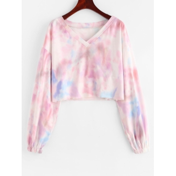 Women Hoodies ZAFUL Tie Dye Drop Shoulder Raw Hem Crop Sweatshirt S Multi a