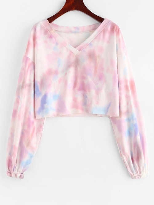 Women Hoodies ZAFUL Tie Dye Drop Shoulder Raw Hem Crop Sweatshirt S Multi a