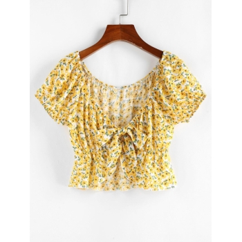 Women Blouses ZAFUL Ditsy Print Tie Front Peplum Blouse S Yellow