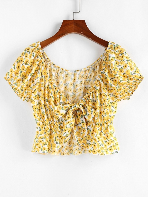 Women Blouses ZAFUL Ditsy Print Tie Front Peplum Blouse S Yellow