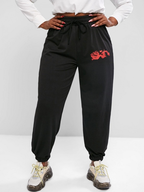 Women Bottoms ZAFUL Plus Size Chinese Dragon Print Jogger Sweatpants L Black