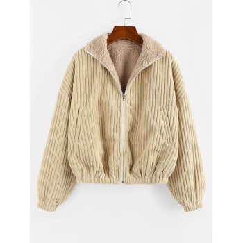 ZAFUL Reversible Corduroy Drop Shoulder Teddy Jacket M Light khaki