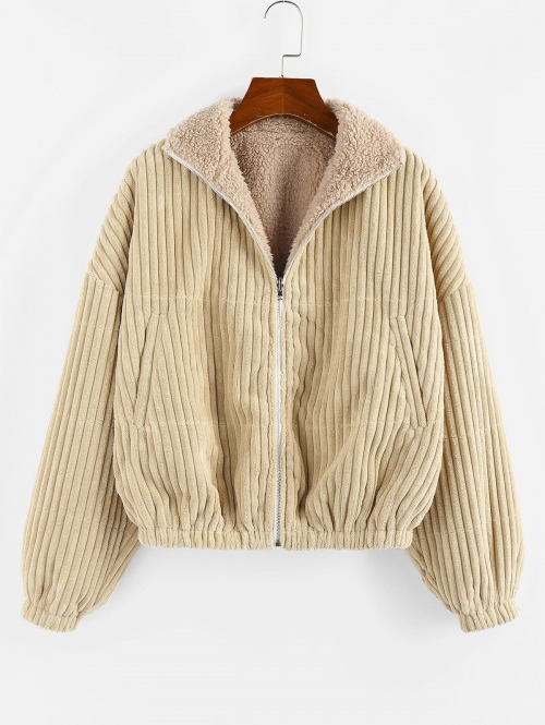 ZAFUL Reversible Corduroy Drop Shoulder Teddy Jacket M Light khaki