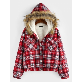 ZAFUL Plaid Drop Shoulder Pocket Teddy Lined Parka Coat S Red