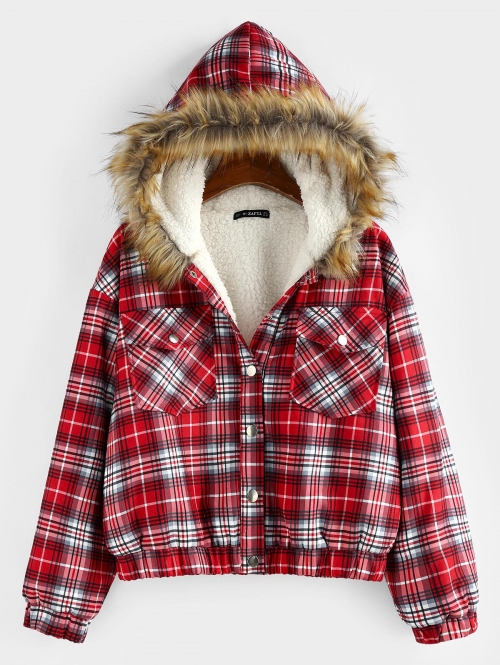 ZAFUL Plaid Drop Shoulder Pocket Teddy Lined Parka Coat S Red