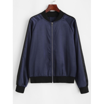 Zip Up Ribbed Trim Silky Bomber Jacket S Deep blue