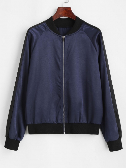 Zip Up Ribbed Trim Silky Bomber Jacket S Deep blue