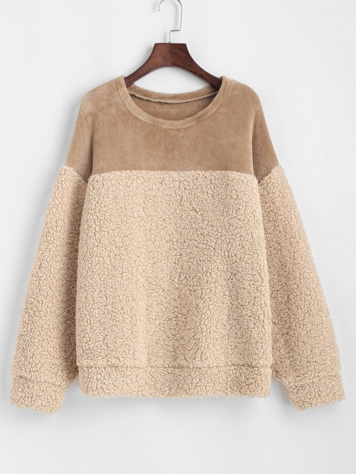 Women Hoodies ZAFUL Loose Fluffy Combo Teddy Sweatshirt Xl Light coffee