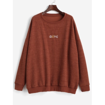 Women Hoodies Letter Graphic Embroidered Drop Shoulder Sweatshirt M Brown