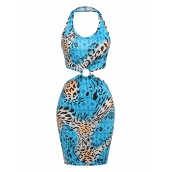 Print ZAFUL Leopard O Ring Cut Out Halter Bodycon Dress L Blue