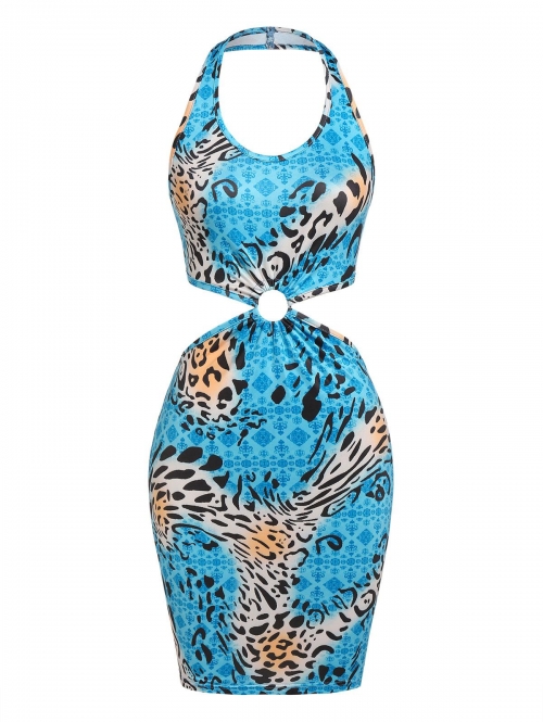 Print ZAFUL Leopard O Ring Cut Out Halter Bodycon Dress L Blue