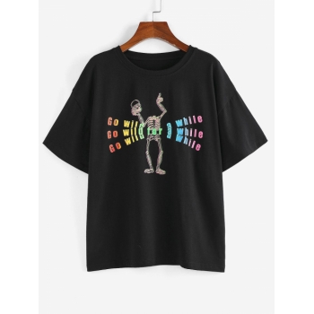 Fashion Women Tees ZAFUL Slogan Rainbow Skeleton Drop Shoulder Tee M Black