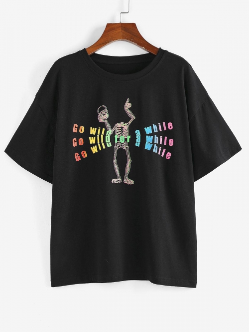 Fashion Women Tees ZAFUL Slogan Rainbow Skeleton Drop Shoulder Tee M Black