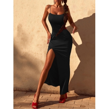 Bodycon Dress Slit Floor-length Dress Summer High Stretch Sleeveless Daily Wedding Guest Spaghetti Strap Thigh Split Slinky Bodycon Dress M Black