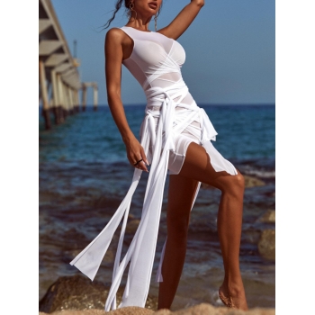 Bodycon Dress Sheer Mesh Wrap-tie Slinky Bandage Dress M White