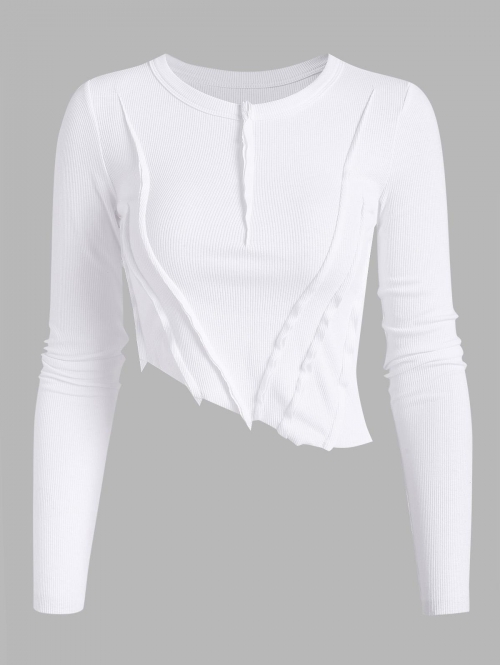 Fashion Women Tees Overlock Stitching Crop Asymmetric T Shirt M White