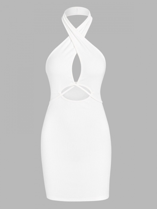 Mini Dress ZAFUL Cross Midriff Flossing Ribbed Cutout Dress S White