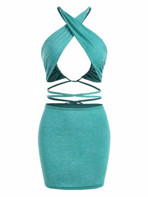 Halter Criss Cross Bodycon Skirt Set L Green