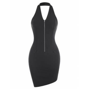 Bodycon Dress Halter Half Zip Slinky Asymmetrical Dress M Black