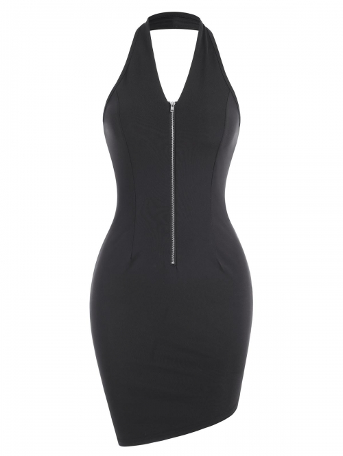 Bodycon Dress Halter Half Zip Slinky Asymmetrical Dress M Black