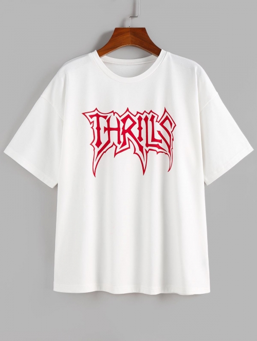 Fashion Women Tees ZAFUL Thrills Graphic Drop Shoulder T Shirt L White