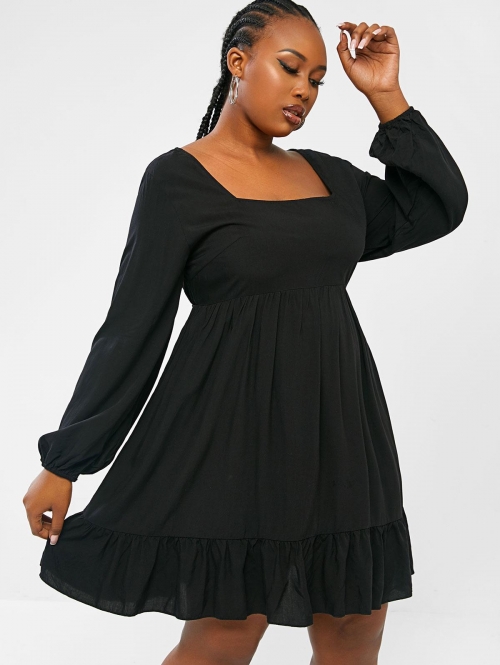 Women Dress ZAFUL Plus Size Ruffle Puff Sleeve Smock Dress L Black