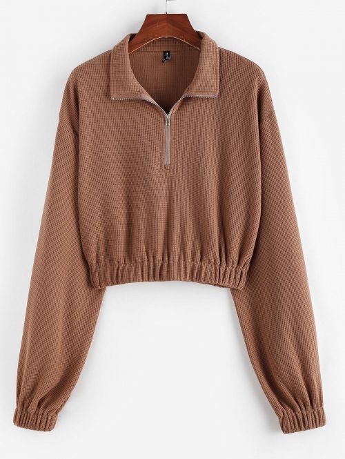 Women Hoodies ZAFUL Half Zip Drop Shoulder Knit Sweatshirt S Coffee