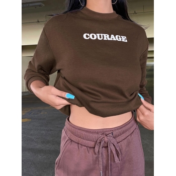 Women Hoodies ZAFUL Drop Shoulder Courage Graphic Pullover Sweatshirt S Deep coffee