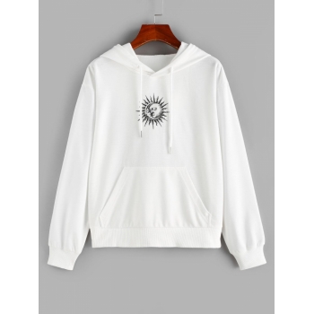 Women Hoodies ZAFUL Sun and Moon Print Drop Shoulder Pocket Hoodie M White