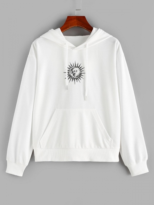 Women Hoodies ZAFUL Sun and Moon Print Drop Shoulder Pocket Hoodie M White