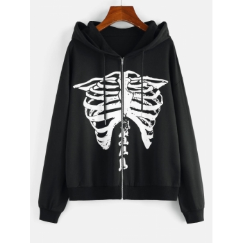 Women Hoodies ZAFUL Halloween Skeleton Zip Up French Terry Lined Hoodie L Black