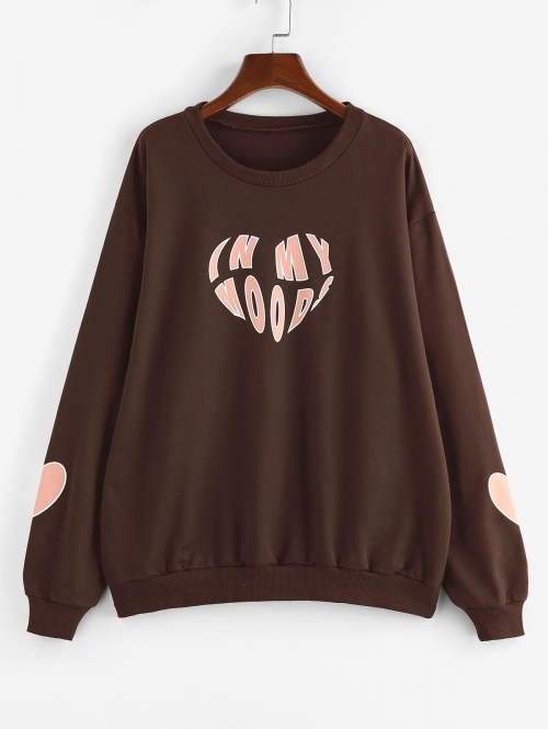 Women Hoodies ZAFUL Heart IN MY MOODS Graphic Pullover Sweatshirt S Deep coffee