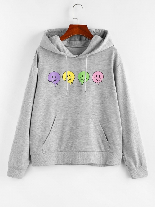 Women Hoodies ZAFUL Ghost Face Print Drop Shoulder Kangaroo Pocket Hoodie S Light gray