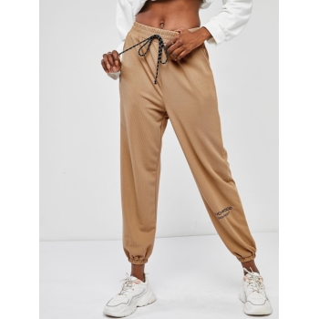 ZAFUL High Rise Tie Waist Ribbed Jogger Pants L Coffee