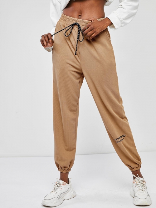 ZAFUL High Rise Tie Waist Ribbed Jogger Pants L Coffee