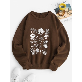 Women Hoodies Crewneck Fungus Mushroom Print Fleece-lined Oversized Sweatshirt S Coffee