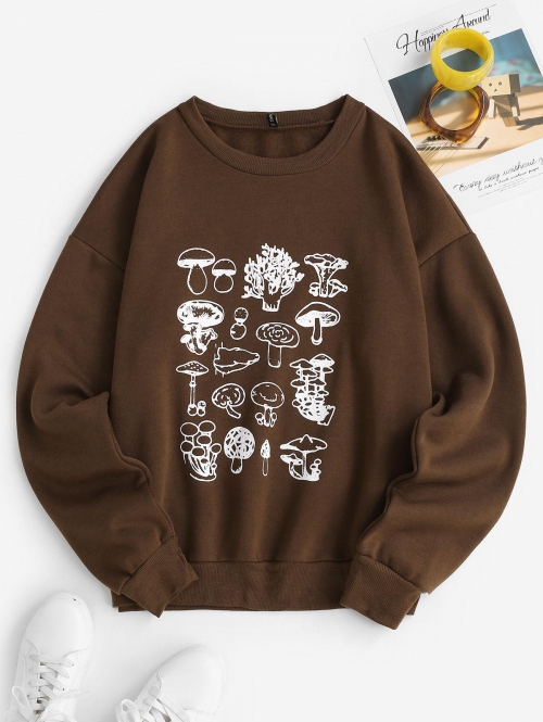 Women Hoodies Crewneck Fungus Mushroom Print Fleece-lined Oversized Sweatshirt S Coffee