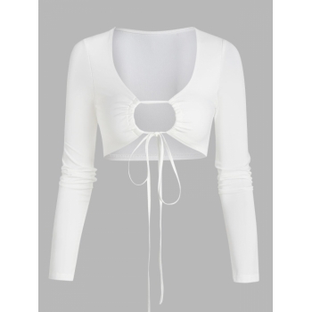 Fashion Women Tees Cropped Drawstring Tie Cut Out Tee S White