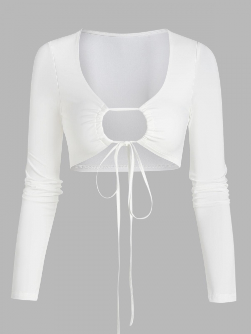 Fashion Women Tees Cropped Drawstring Tie Cut Out Tee S White