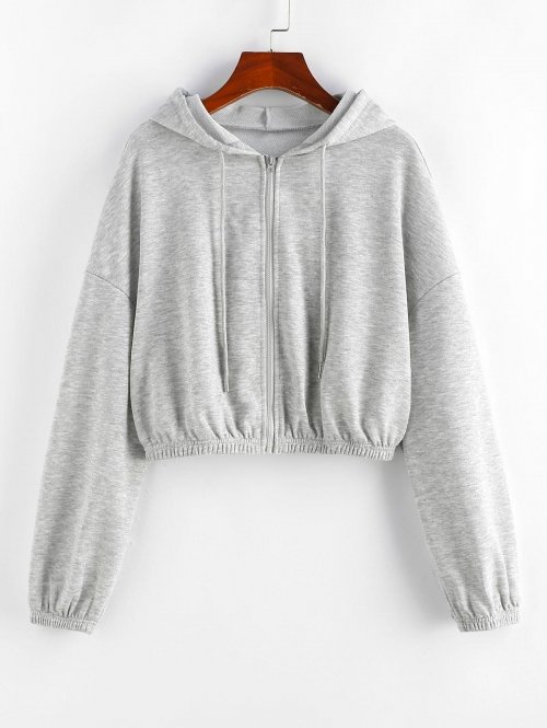 Women Hoodies ZAFUL Drop Shoulder Zip Up Drawstring Hoodie M Gray