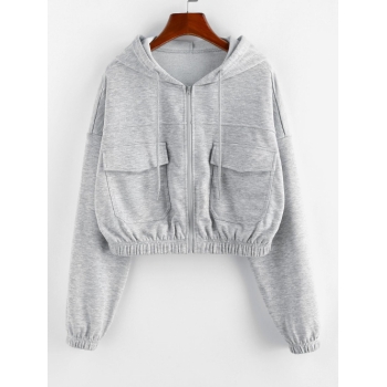 Women Hoodies ZAFUL Front Zip Pockets Crop Hoodie S Light gray