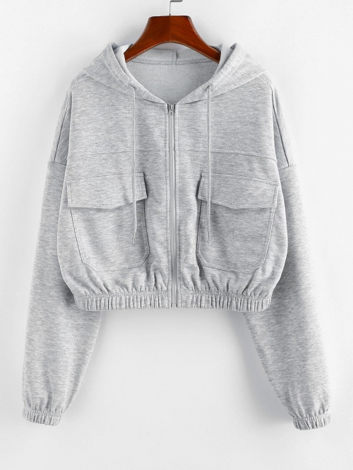 Women Hoodies ZAFUL Front Zip Pockets Crop Hoodie S Light gray