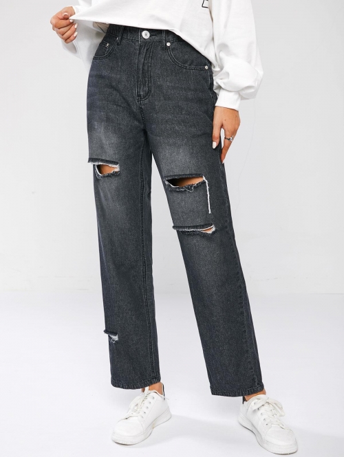 Ripped Distressed High Waist Boyfriend Jeans L Black