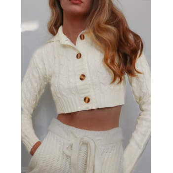 Cable Knit Single Breasted Cropped Cardigan M White