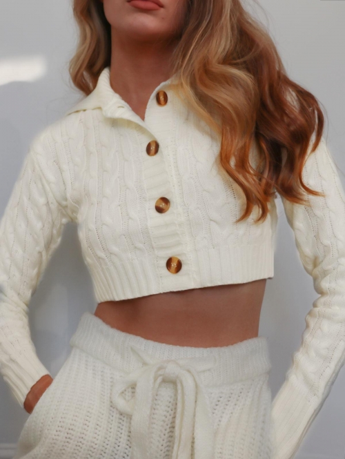 Cable Knit Single Breasted Cropped Cardigan M White