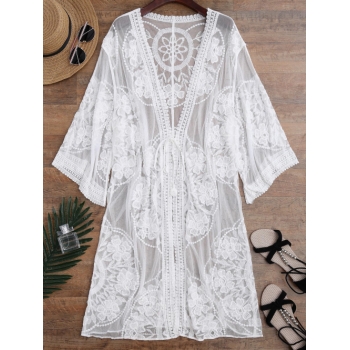 Women Beach Sheer Lace Tie Front Kimono Cover Up White