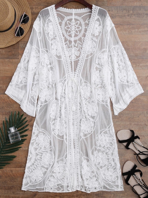 Women Beach Sheer Lace Tie Front Kimono Cover Up White