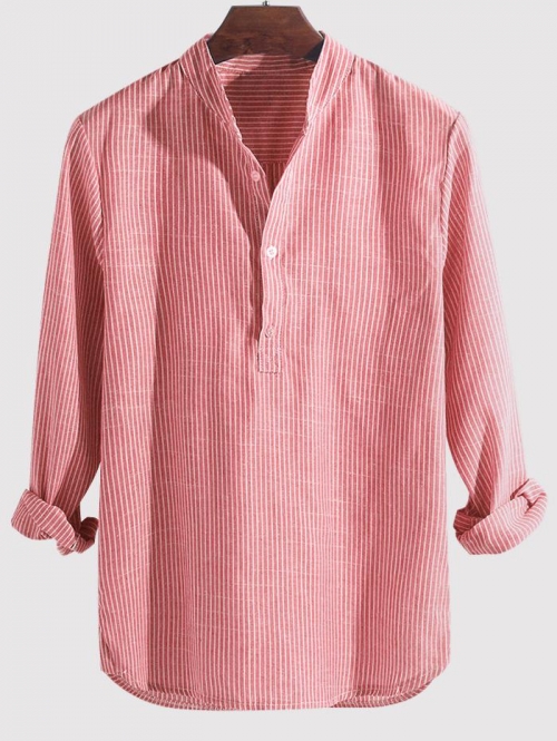 ZAFUL Men's Striped Print Half Button Kurta Long Sleeve Pullover Shirt 3xl Pink